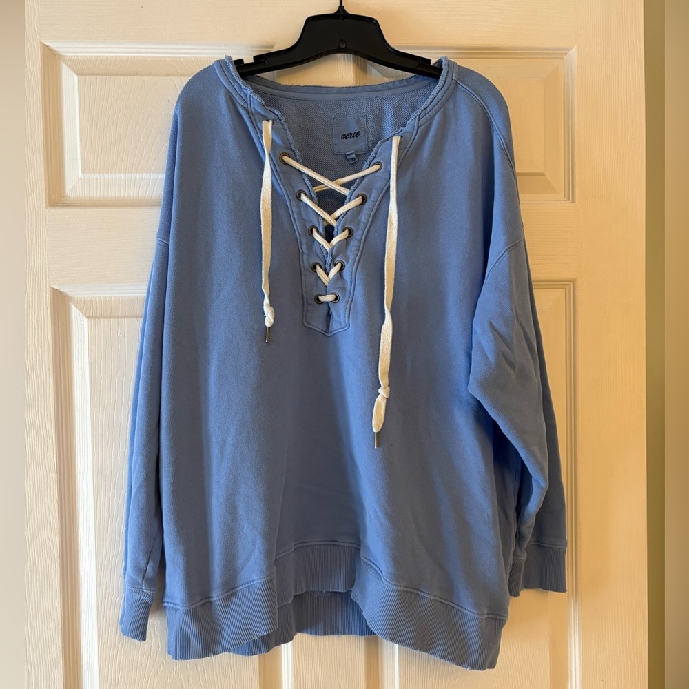Aerie Lace-Up Oversized Sweatshirt in Blue – Women’s Size Large - Picture 2 of 6